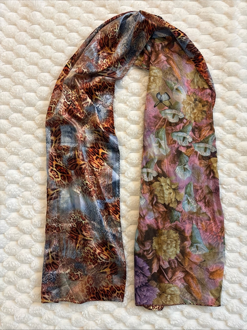 Silk Reversible Women’s Scarf 100% Silk Fiber Floral Animal Print 67x18